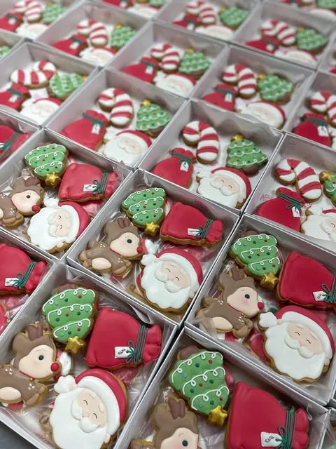 Cajitas con galletas navideñas decoradas: Papá Noel, renos, árboles y bastones