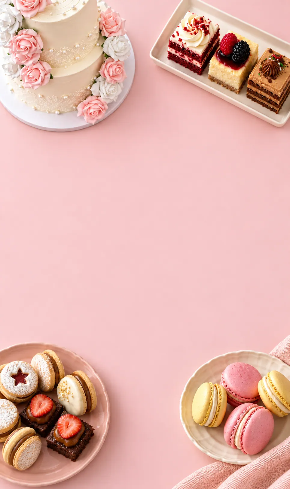 Superficie rosa vista desde arriba con una torta de dos pisos decorada con rosas, mini tortas en una bandeja, galletas y brownies con frutilla en un plato y macarons de colores